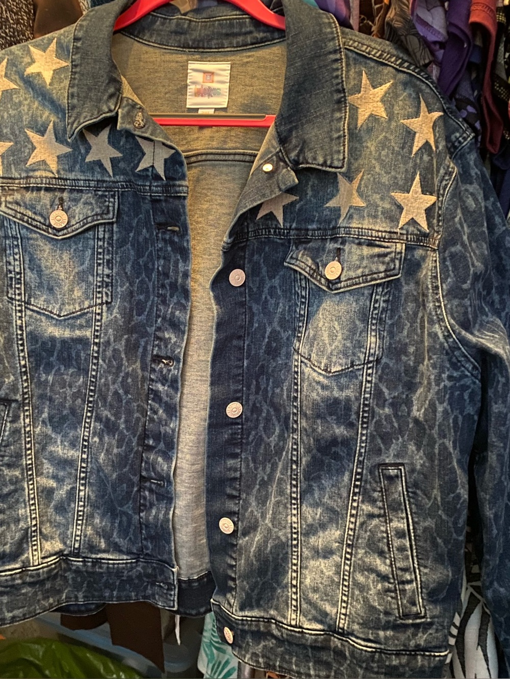 3X LuLaRoe denim cheetah print jacket with stars on the front shoulders NWOT